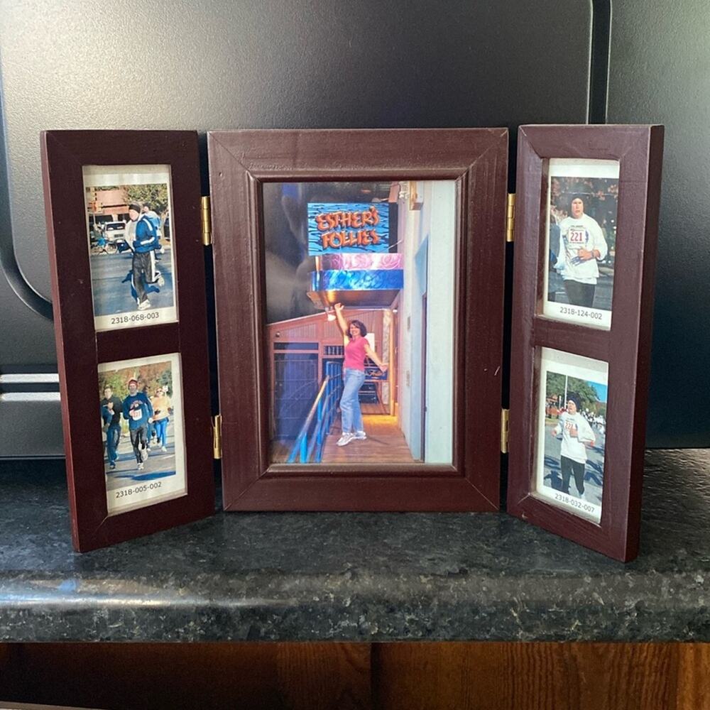 Dark brown wood Tri fold frame for multiple mini photographs